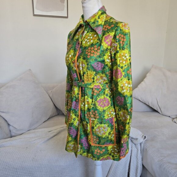 Vtg 60s Mod Mini Dress Psychedelic Floral Belted Button Front Youthquake Collar - Picture 4 of 11